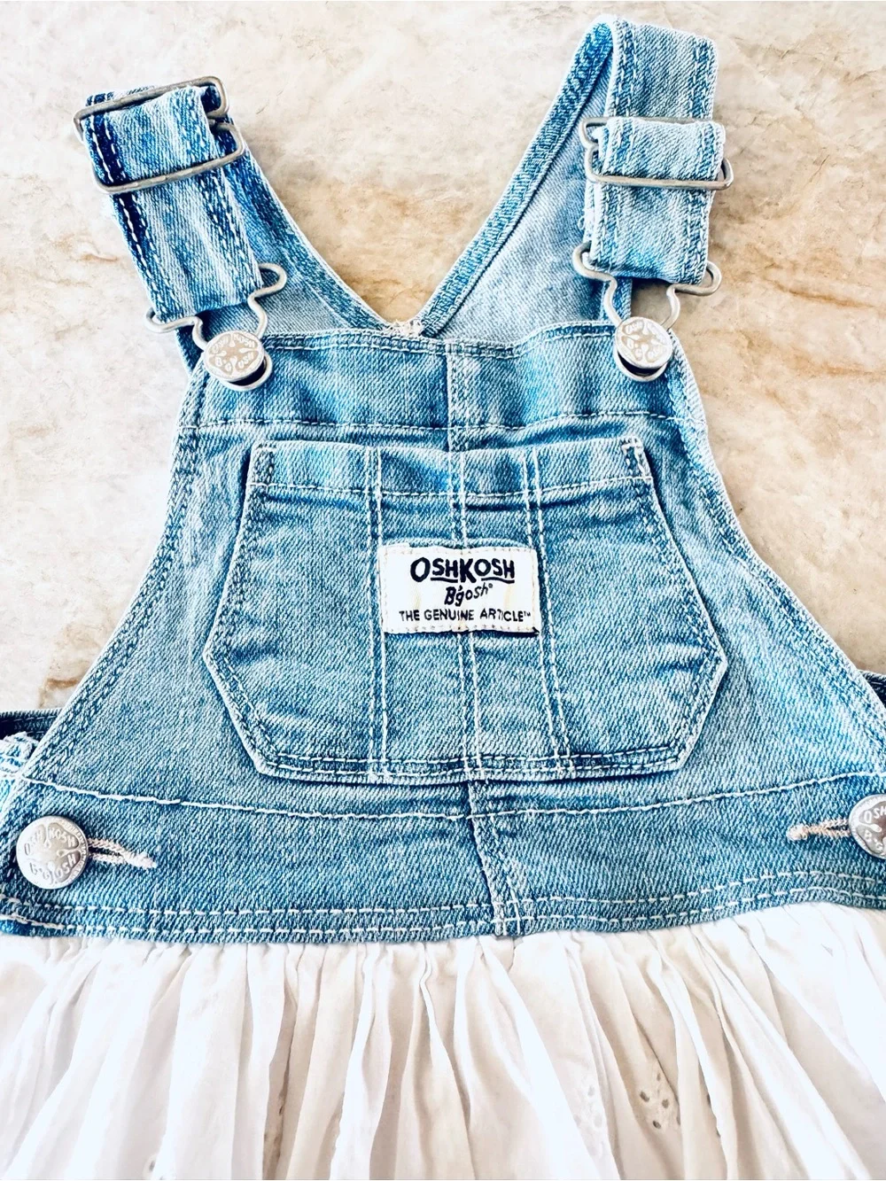 OshKosh B’gosh Baby Girl Dress 12M Denim Eyelet Lace White Cotton Sundress
